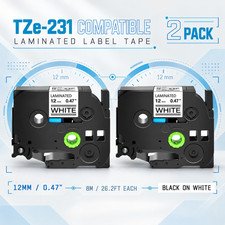 2Pack P-Touch TZe231 Tape 0.47" x 26.2' White for Brother PT-D410 PT-P710BT