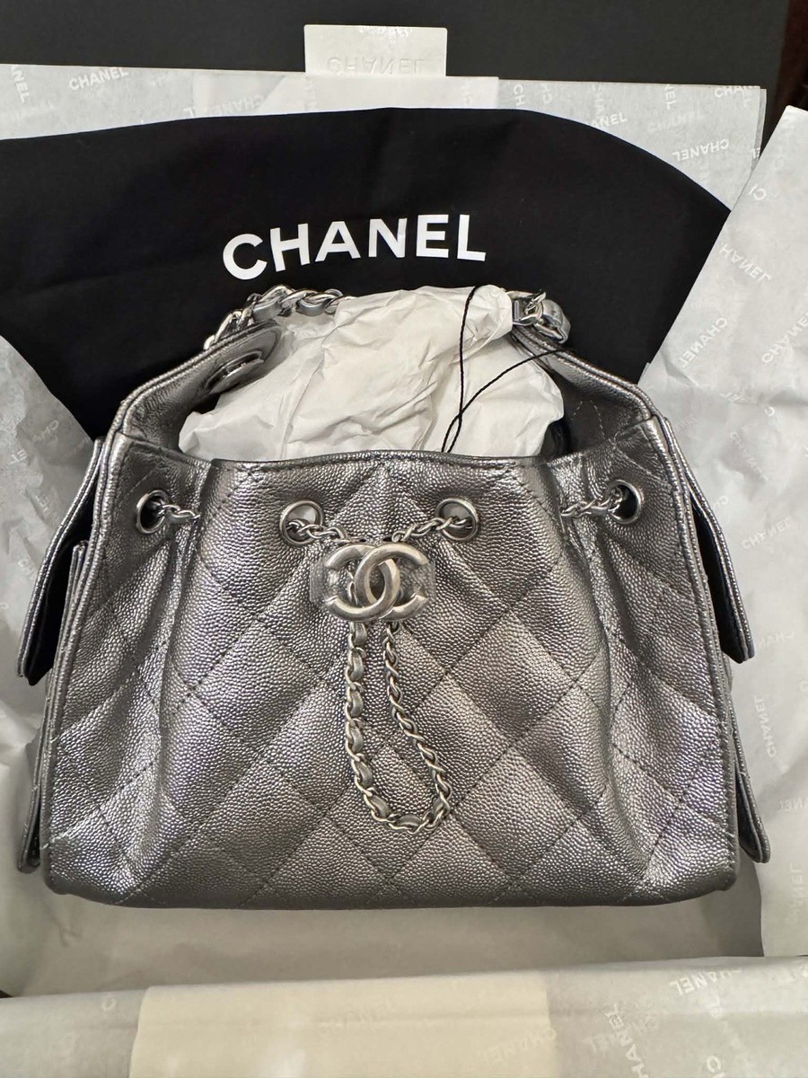 Auth BNIB Chanel 25 Hobo Bag Mini Metallic Anthracite Dark Silver