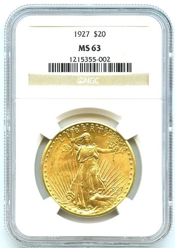 1927 $20 Saint Gaudens Gold Double Eagle, NGC MS63, Flashy and Bright Gold Coin!
