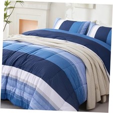 Comforter Set 3 Pieces Bedding Set All Seasons Masculine Queen Blue and White