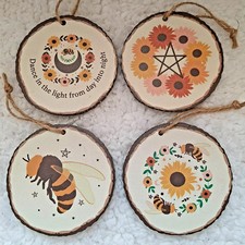 Summer Solstice Wooden Slice Ornaments Set Wiccan Pagan Altar Bee