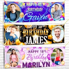 2ftx6ft Personalised Birthday Photo fabric Banner Blue, Gold Black, Pink Decor