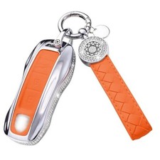 for Porsche Key Fob Cover with Keychain, Orange Leather Fit for Porsc,he