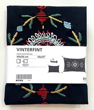 Ikea VINTERFINT Pillow Cushion Cover 16x 23" Embroidered, Black Floral, NEW