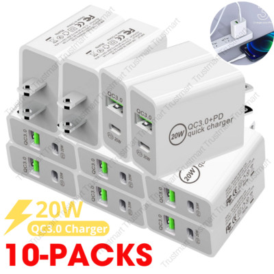10x Lot 20W PD USB C Power Adapter QC Fast Charger Block For iPhone 17 16 15 14