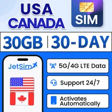 USA Canada SIM Card - 30GB High-Speed, 30 Day JetSim/Travel SIM