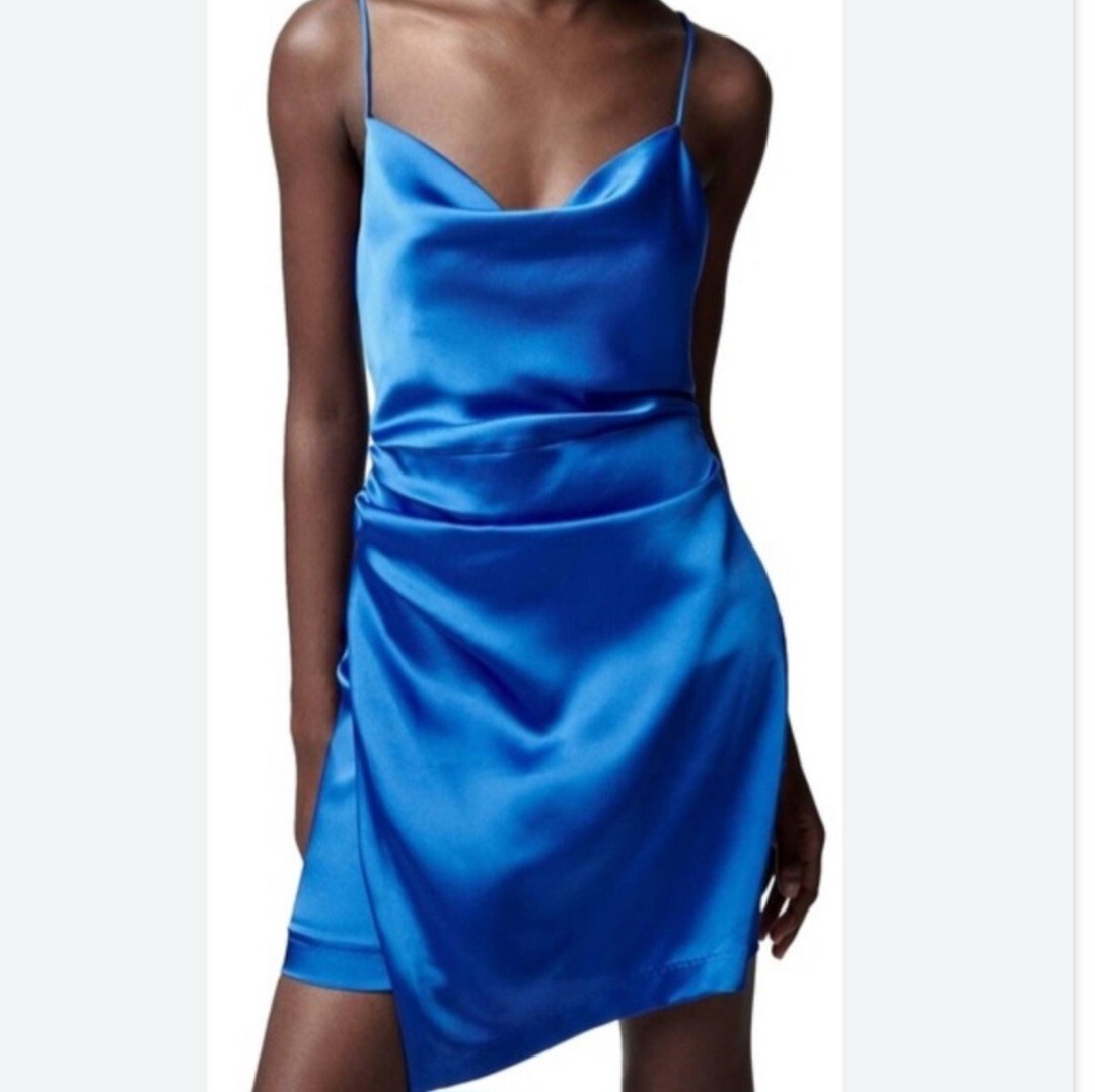 zara blue satin dress Zara Blue Silk Dress