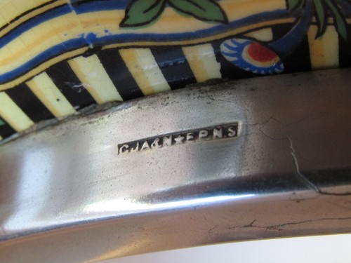 Antique Art Nouveau Vintage Flosmaron Square Ceramic Bowl 1920s Damaged EPNS rim - Picture 13 of 14