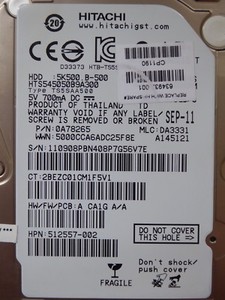 Hitachi HTS545050B9A300 | MLC: DA3331 | P/N: 0A78265 | SEP2011 | 500GB #03