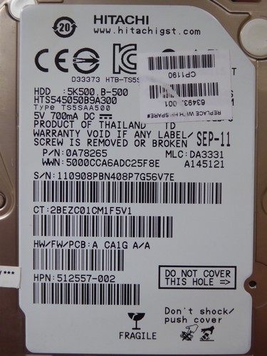 Hitachi HTS545050B9A300 | MLC: DA3331 | P/N: 0A78265 | SEP2011 | 500GB #03