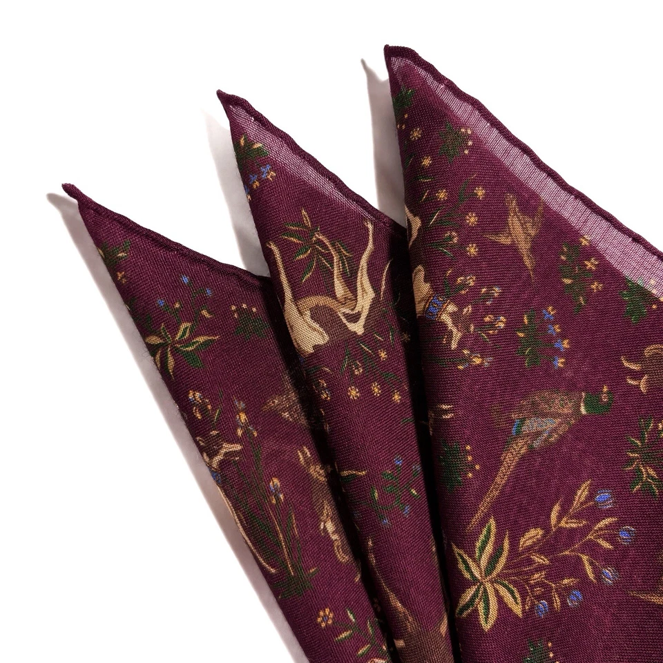 Cuadrado de bolsillo de lana/seda con motivo animal floral borgoña (enrollado a mano en Inglaterra) Foto 2 de 4