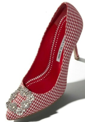 $1195 NEW Manolo Blahnik HANGISI 105 Red Gingham Jeweled Shoes