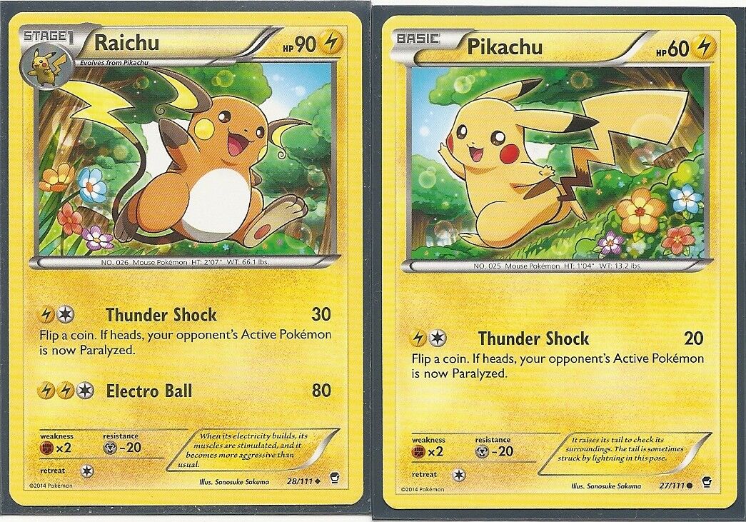 RAICHU 28/111 & PIKACHU 27/111- 2 EVOLUTION POKEMON CARDS- FURIOUS  FISTS-NM/M