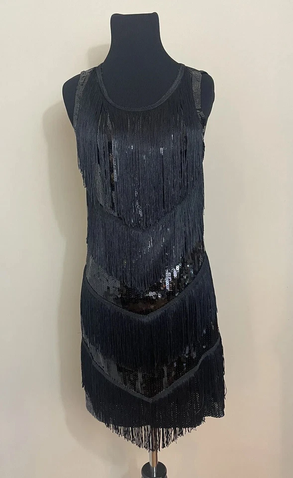 Vestido Flapper Negro Lentejuelas Flecos Niveles Talla S Jerry Beck Rugiente Años 20’s Disfraz Foto 4 de 4