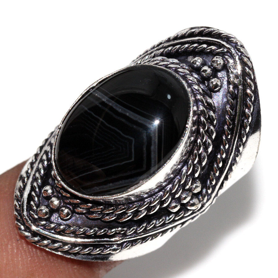 Banded Black Onyx Sterling Silver Plated Ring US Size 6.5 Jewelry Gift