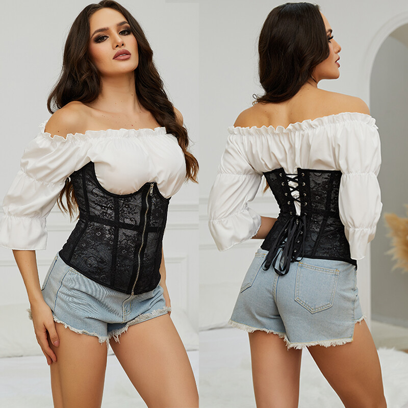 Women Lace Corset Top Open Cup Lace Up Boned Bustier Vintage Women Lace Corset Top Open Cup Lace Up Boned Bustier Vintage