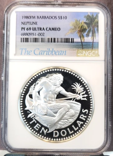 1980 BARBADOS SILVER 10 DOLLARS NEPTUNE NGC PF 69 ULTRA CAMEO RARE TOP POP