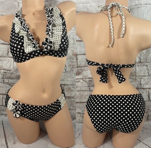 Vintage Betsey Johnson Bikini 3 Piece Swim Pinup Black White Polka Dot Pinwheel