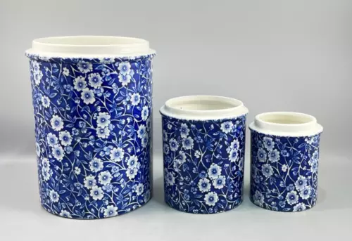 Crownford China Staffordshire Calico Floral Blue Canister Jars No Lid Set of 3