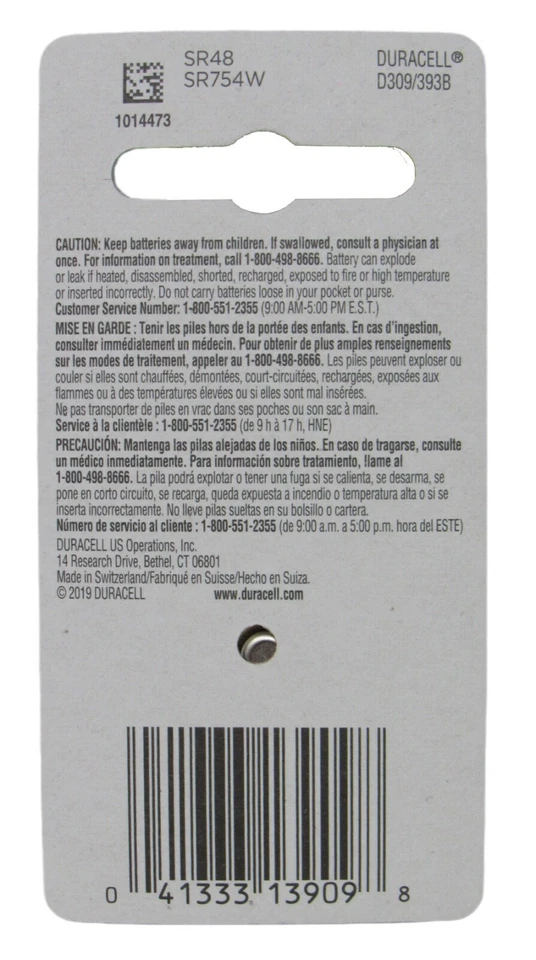 PACK de 6 baterías de botón de óxido de plata Duracell 309/393 SR48 SR754W SR754SW SR754 Foto 3 de 4