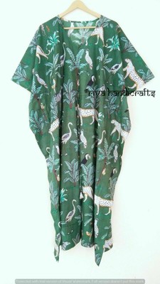 Cotton Green Animal Print Kaftan Maxi Gown Sleepwear Beach Coverup Night Dress