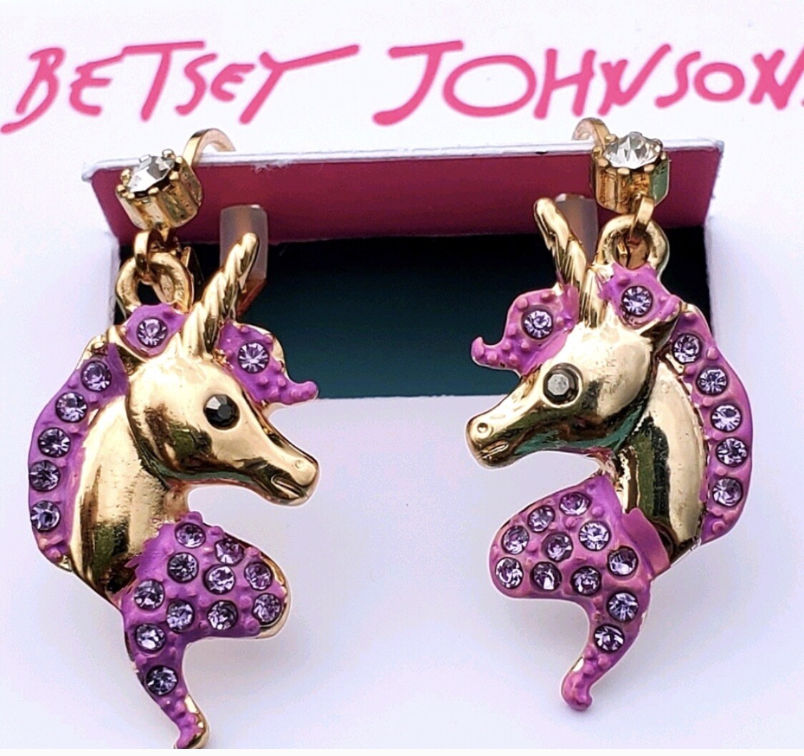 Betsey Johnson Pink And Gold Dangling Unicorn Earrings With Silver  Rhinestones