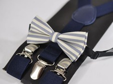BABY BOY KIDS ELEMENTS STRIPE GREY Bowtie Bow Tie  Navy Blue Elastic Suspenders