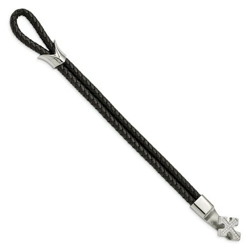 *NUEVO* Pulsera de cuero trenzado negro cruz circonita cúbica acero inoxidable cincel SRB1289-8 Foto 2 de 4