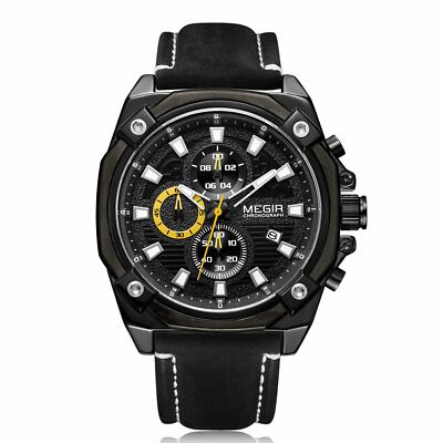 MEGIR Men's Watches Quartz Movement Alloy Case Leather Band Black Dial 2054