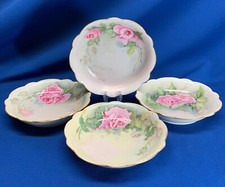 SET OF FOUR 6"DIA HAND-PAINTED LIMOGES PINK ROSES DESSERT BOWLS