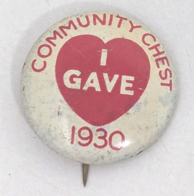 Antique 1930 Community Chest I Gave Heart Donor Donated Charity Button Pin Badge