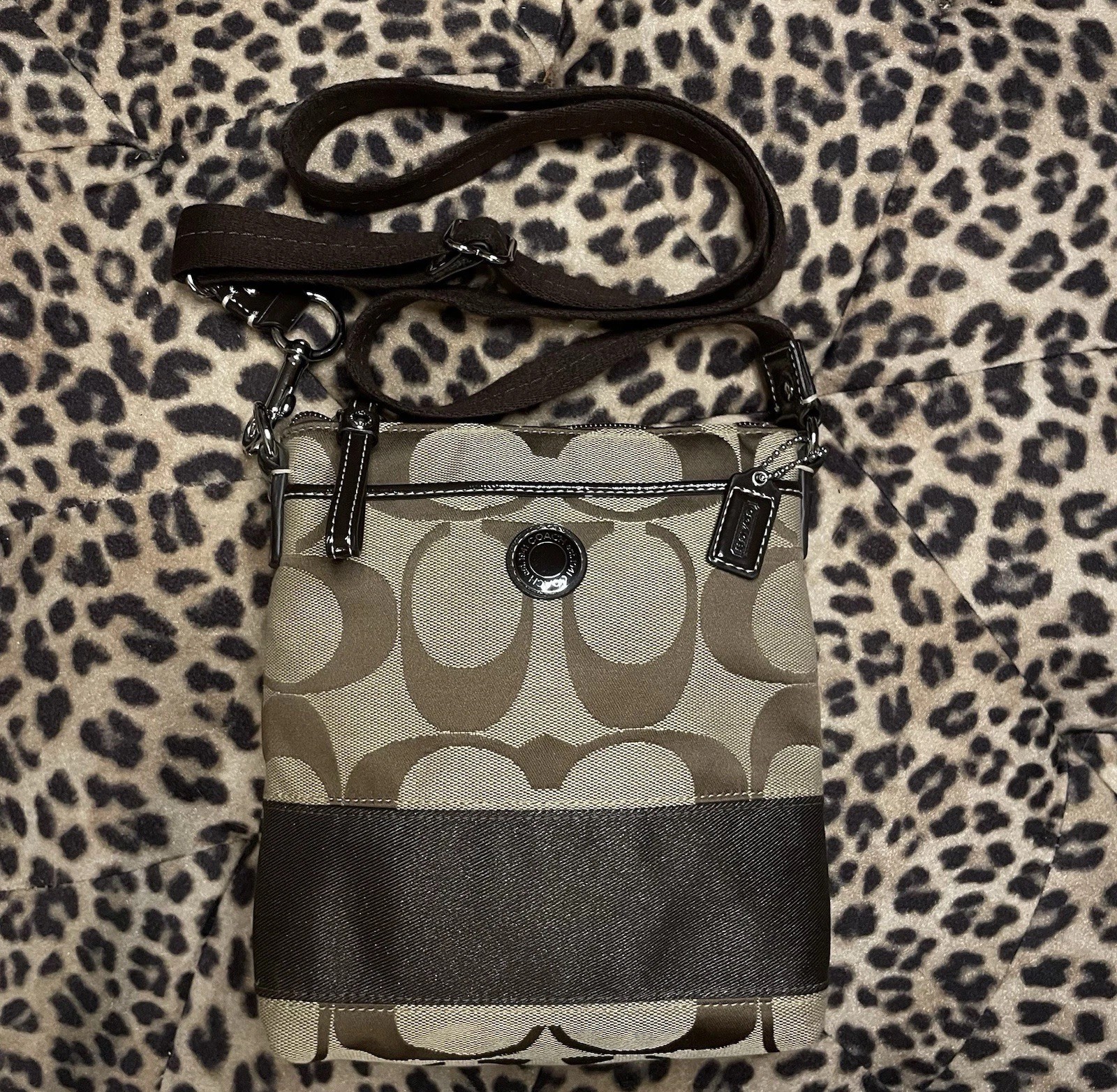 Coach Signature Canvas Crossbody File Bag Classic Khaki Monogram