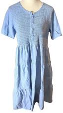 Blue Jean Chambray Cotton Shirt Dress Sz Large Tiered Ruffles Smocked