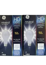 2 GE Reveal HD+ 150W Frosted A21 Light Bulbs w/Standard Medium Base