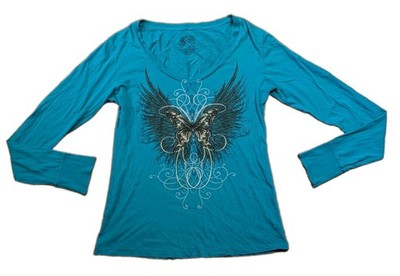 Stranded Y2K Shirt Womens L Teal Butterfly Angel Wings Rhinestone Long Sleeve