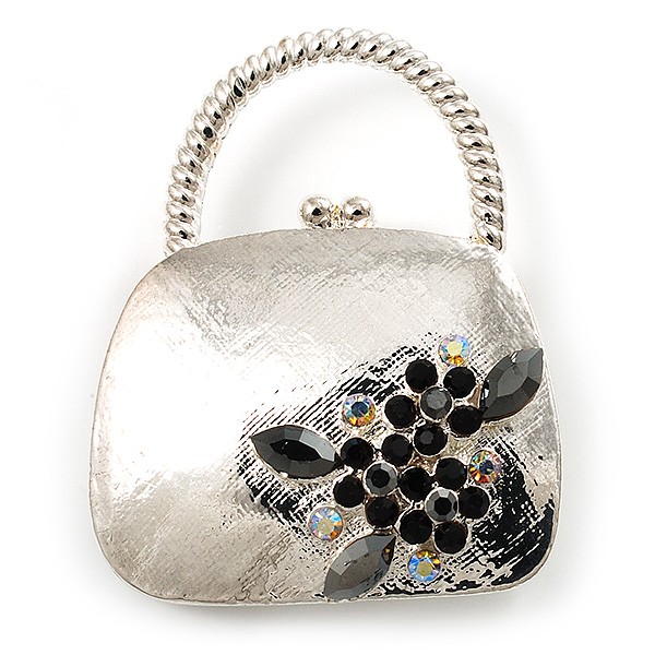 Stylish Crystal Bag Brooch (Rhodium Plated & Black)