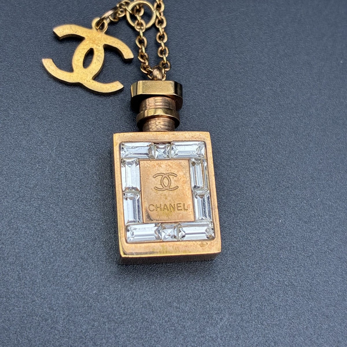 CHANEL Gold-Tone Necklace CC Logo Perfume Bottle Charm Vintage | eBay