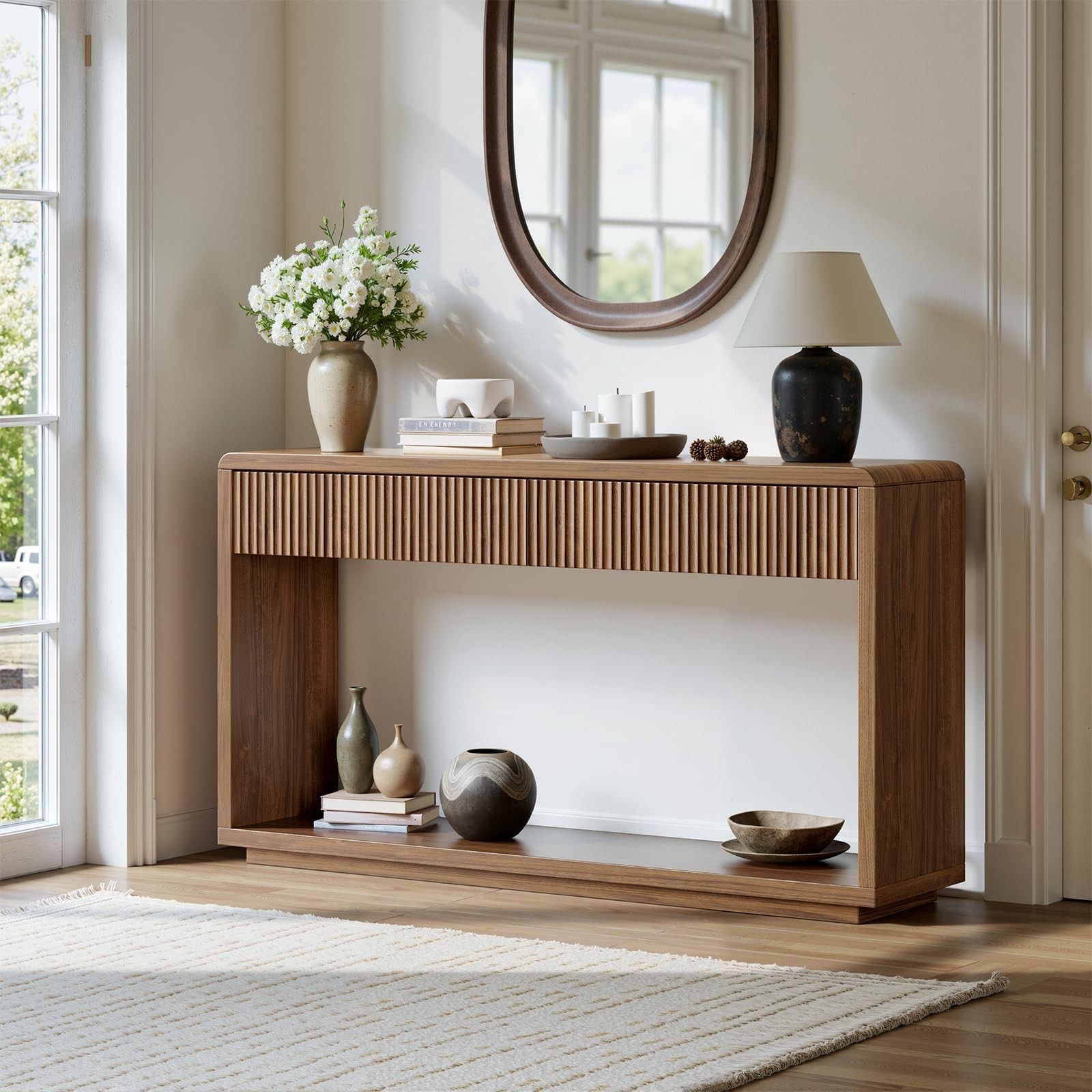 59'' Walnut Entryway Table with Drawers Fluted Console Table