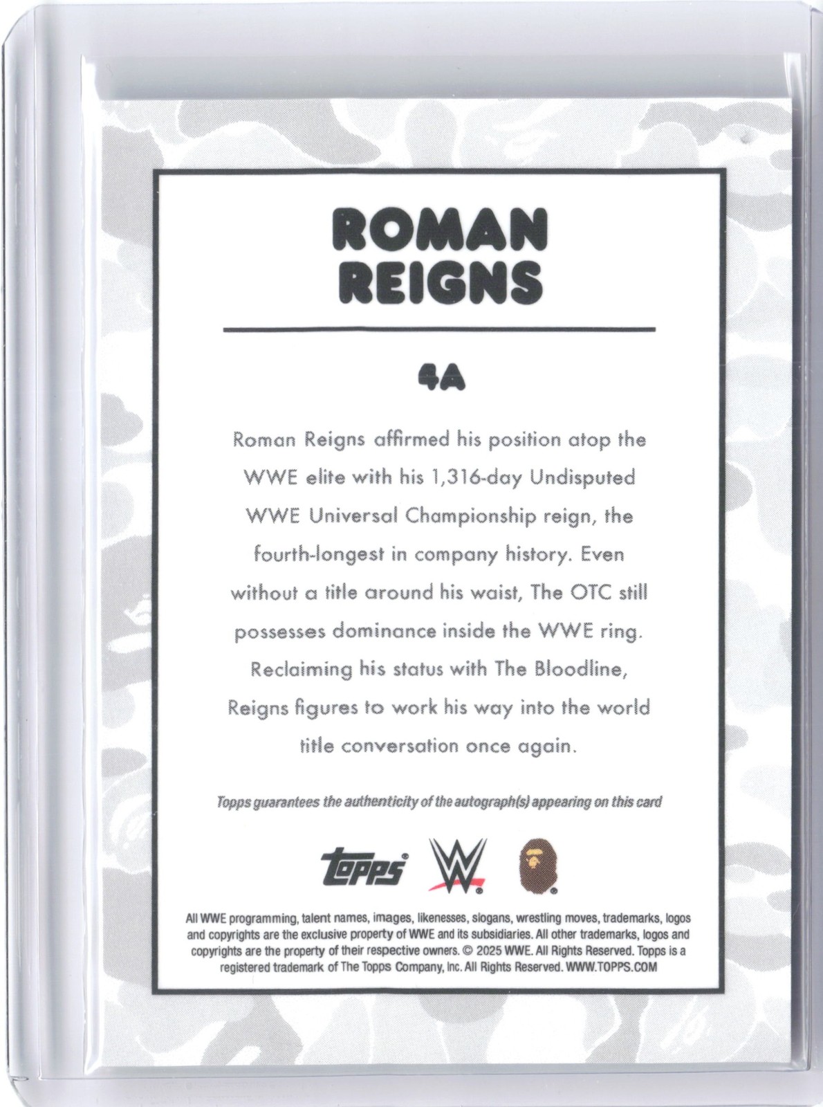 2025 Topps WWE x BAPE #4A Roman Reigns Autographs Multi Camo /5 view 2