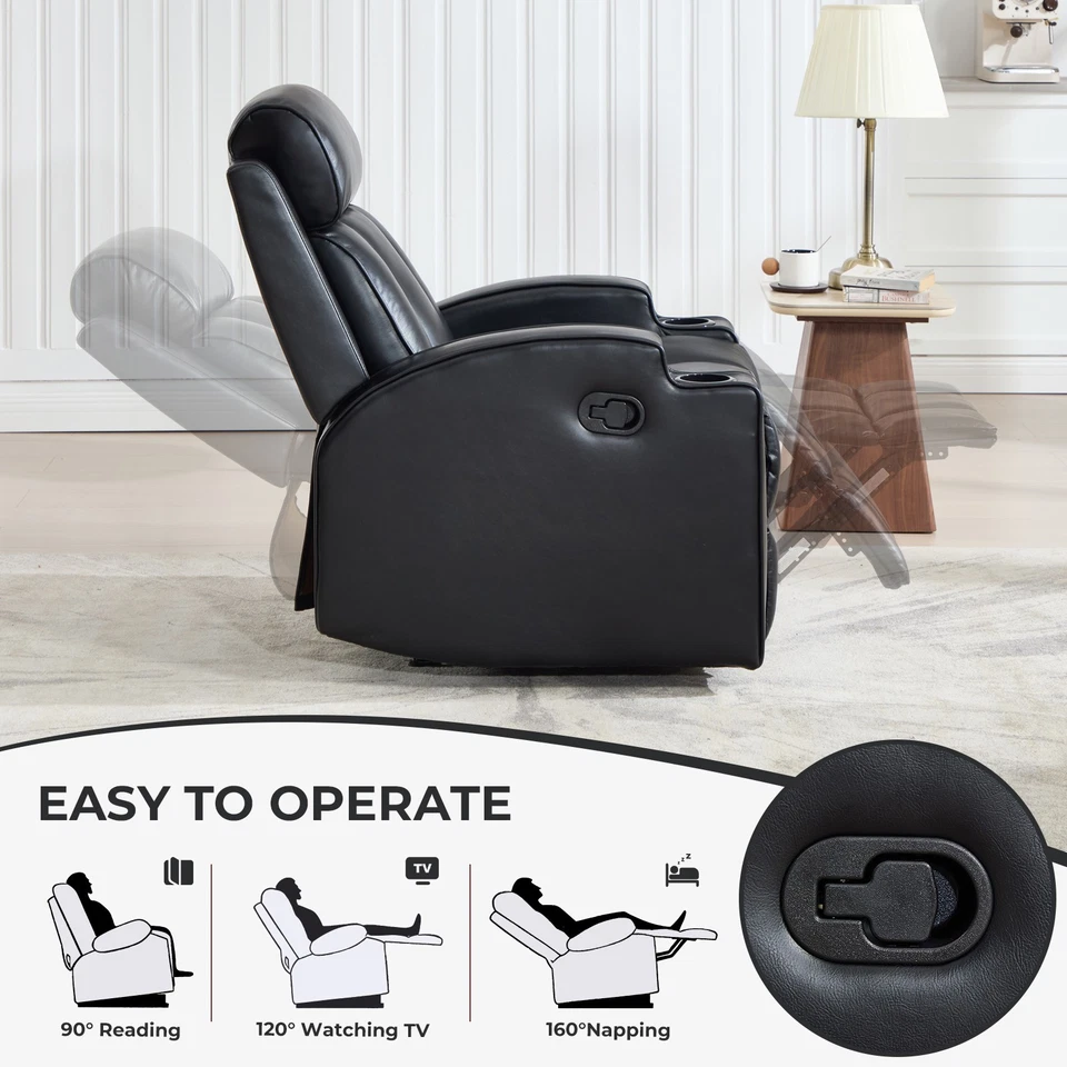 CANMOV Manual Recliner Chair with Cup Holder Padded PU Leather Recliner Black - Image 2 of 4