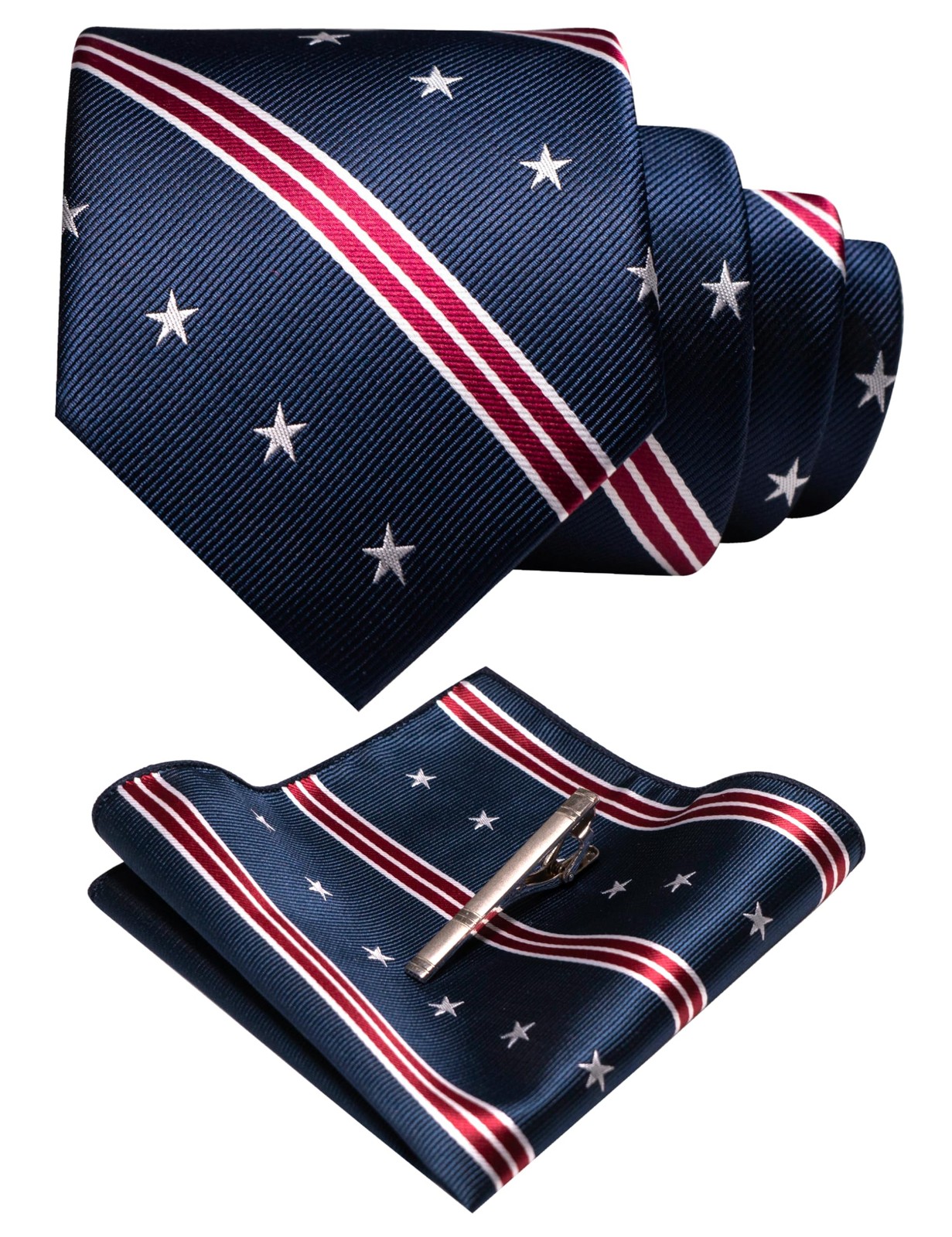 Patriotic Navy Blue American Flag Tie Set with Pocket Square and Clip