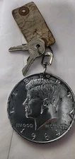  1964 Kennedy Silver Half Dollar Key Chain 3" W/ 2 1965 JEEP KEYS & SERVICE TAG