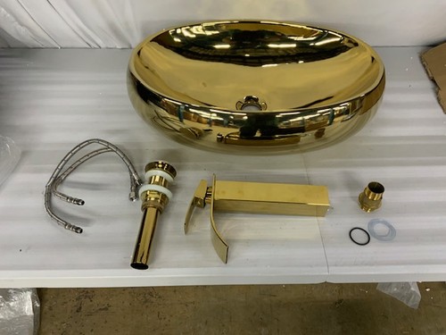 Oval Gold Ceramic Bathroom Basin Vessel Sink Mixer Faucet Tap Popup Drain Combo