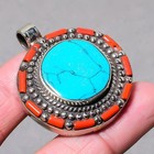 Tibetan Turquoise Coral Handmade Ethnic Gift Jewelry Nepali Pendant 1.8" SR 2245