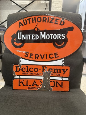 #ad Vintage UNITED MOTORS Delco Remy Klaxon Porcelain Sign Authorized Service Rare $6125.00