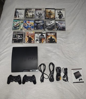 Sony PS3 Slim Console Bundle Tested Working 2 Controllers + 15 Games Cable 160gb