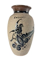 Tonala Mexico Sandstone Pottery Vase Bird Flowers Hand Painted  8"