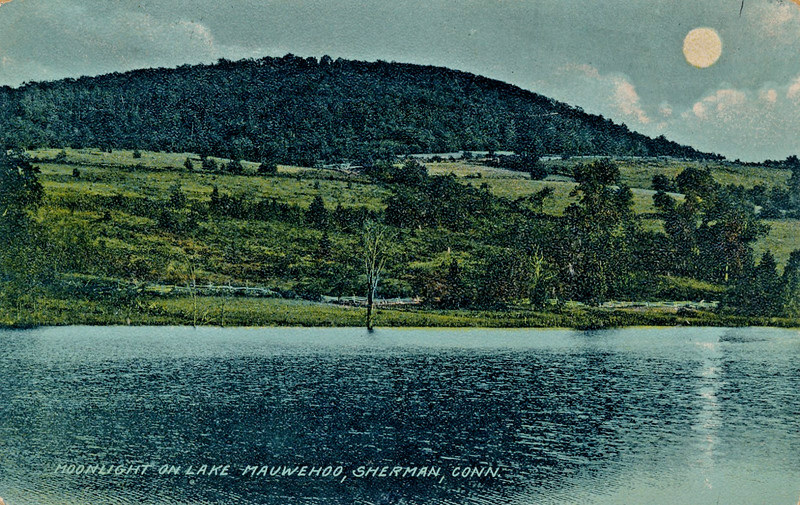 MOONLIGHT ON LAKE MAUWEHOO, SHERMAN, CONN. CT. MAN-MADE LAKE.