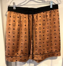 MCM Cognac Logo Monogram Print Silk Shorts Unisex Men Women Drawstring AUTHENTIC