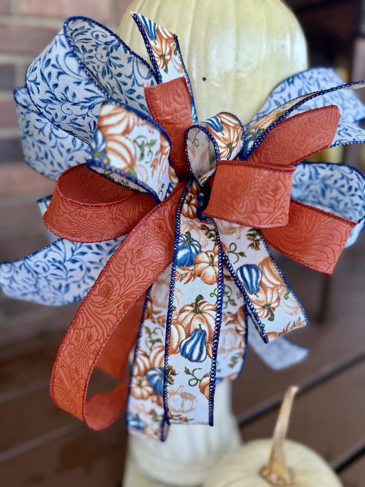 FALL PUMPKIN BOW for GRAPEVINE DOOR WREATH SWAG GARLAND MAIL FENCE - Image 3 of 4